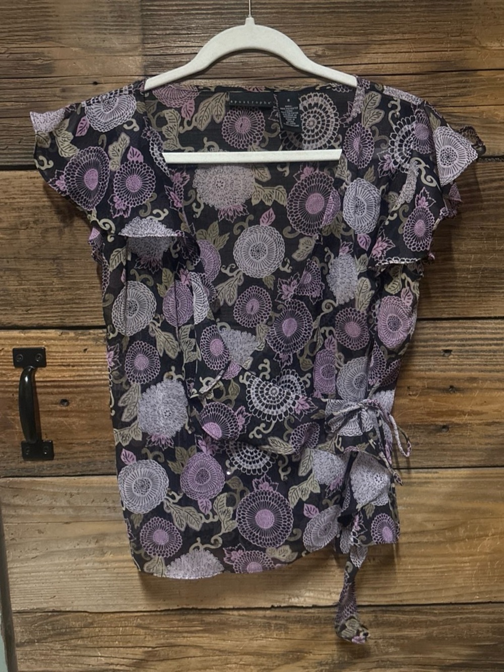 Apostrophe Black Floral Wrap Blouse with Lilac Accents